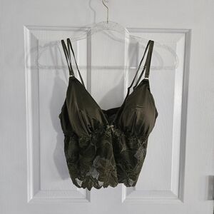 NWOT Auden Satin And Lace Longline Bralette- Moss Green